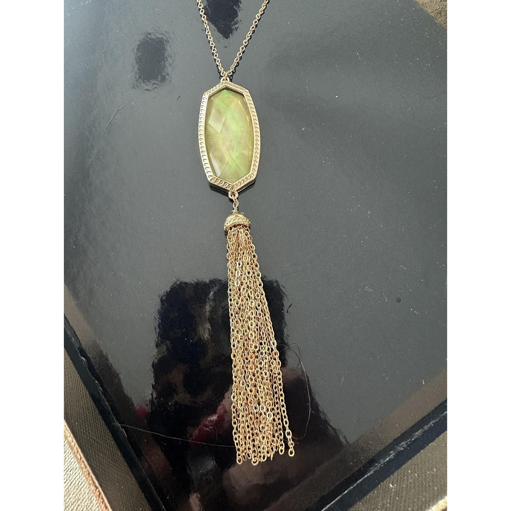 Gold Tone Green Faceted Stone Tassel Pendant Necklace Long Chain Womens Fashion